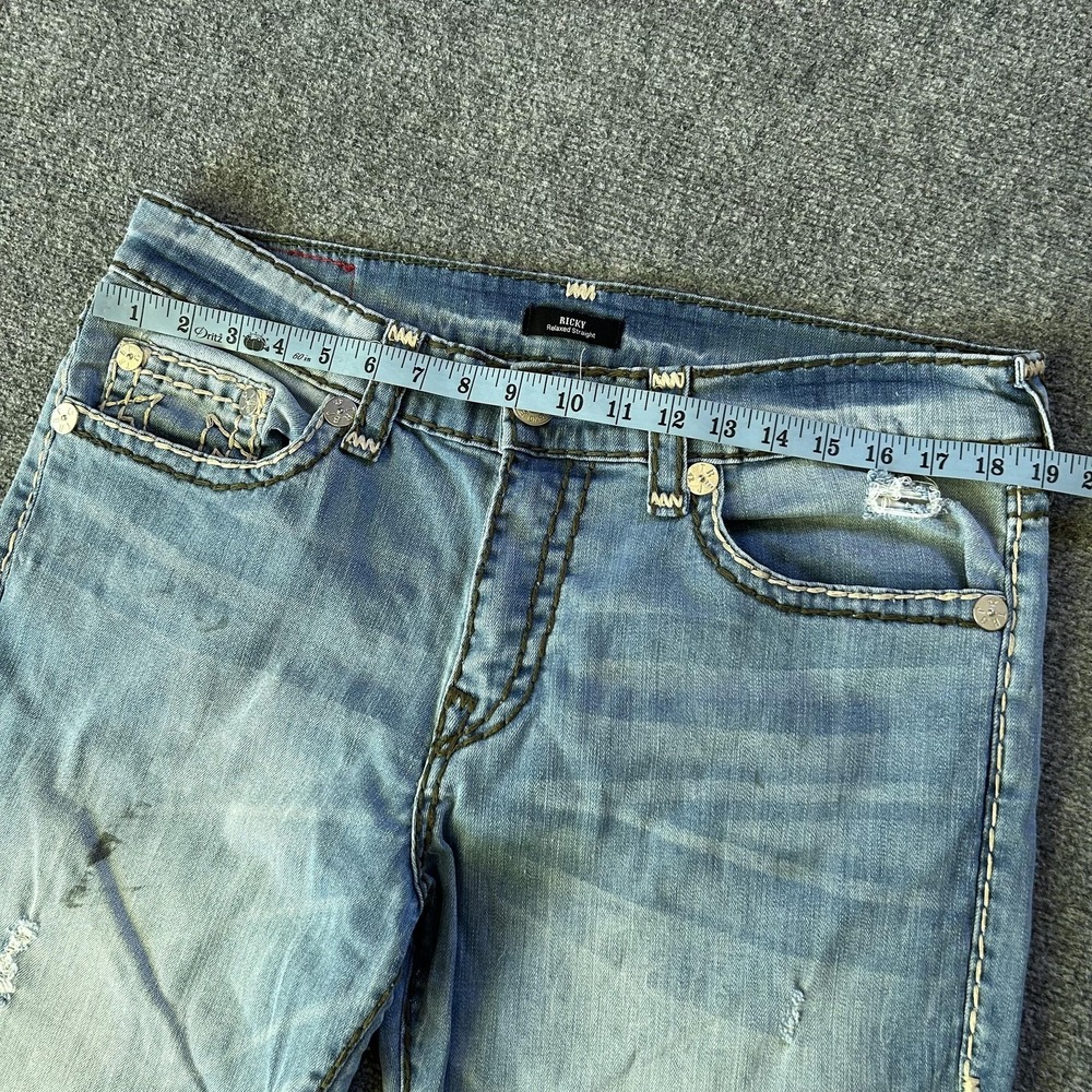 True Religion Ricky Relaxed Straight Jeans Mens 36x34 Blue Light Wash Distressed - Picture 11 of 16